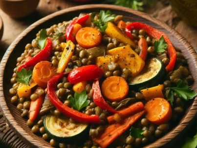 Ensalada tibia de lentejas y vegetales asados