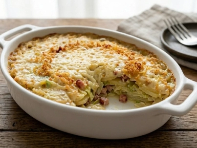 Pastel cremoso de repollo, panceta y queso